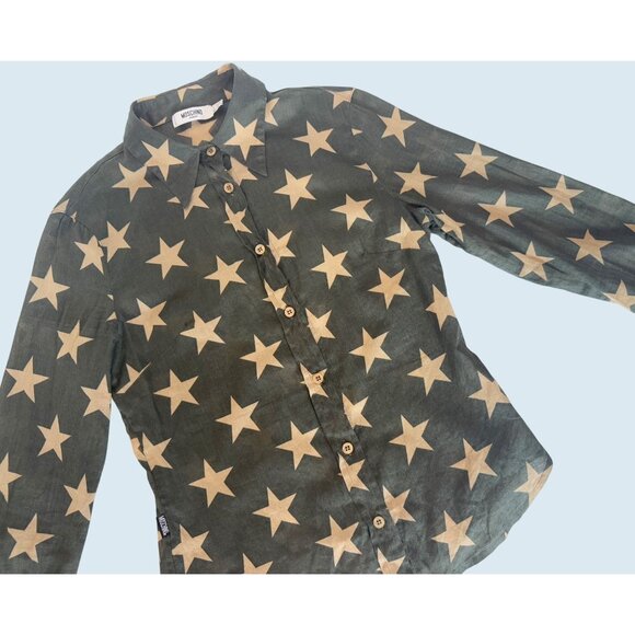 Moschino Tops - MOSCHINO Jeans Army Green Tan Star Full Button Top Blouse Size Small